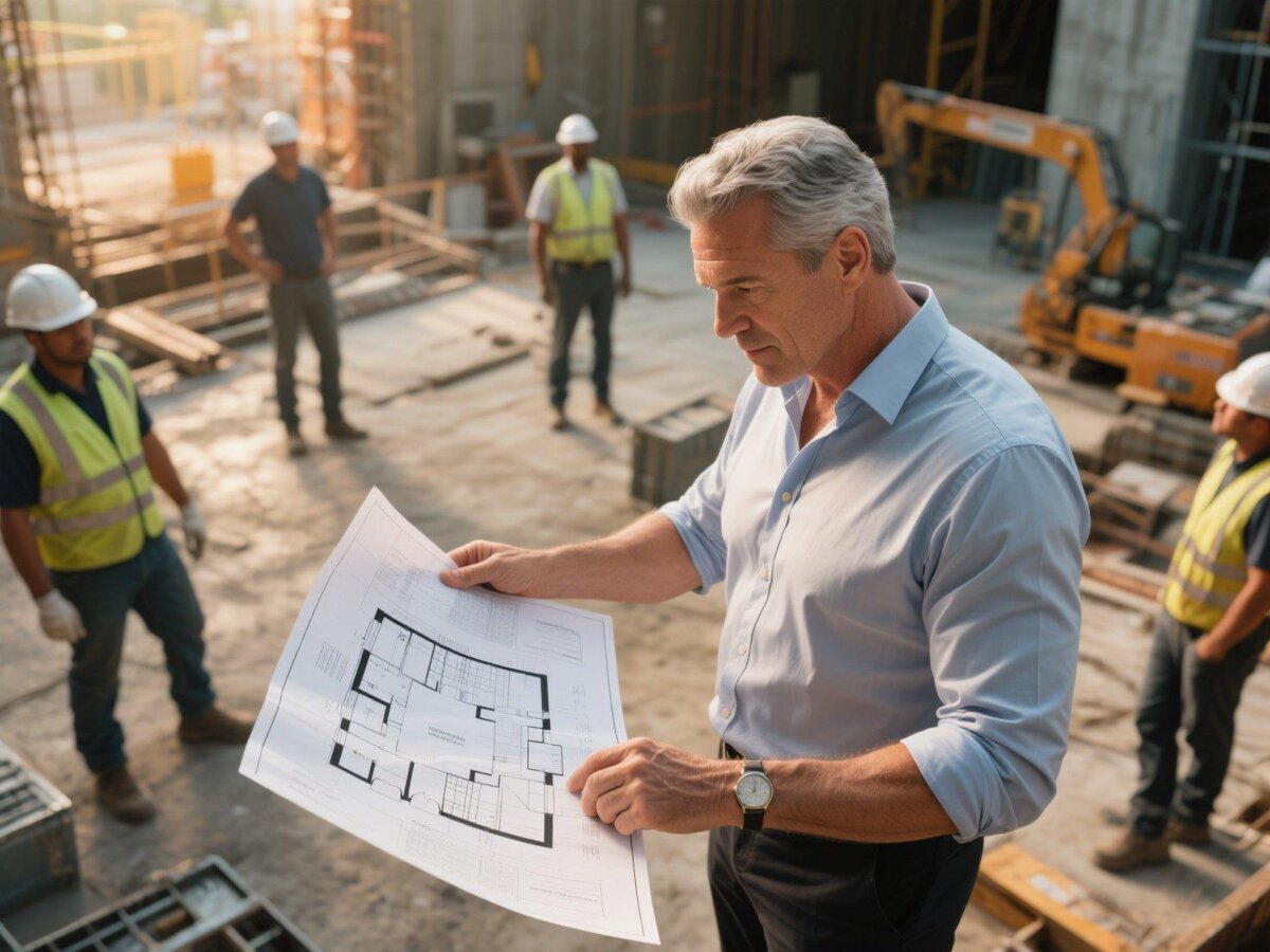 Construction company owner reviewing blueprints on a job site with crew in the background