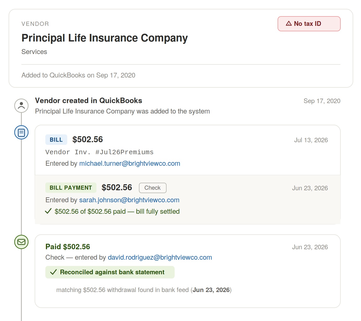 Probity transaction lineage showing a vendor bill from creation through payment and bank reconciliation
