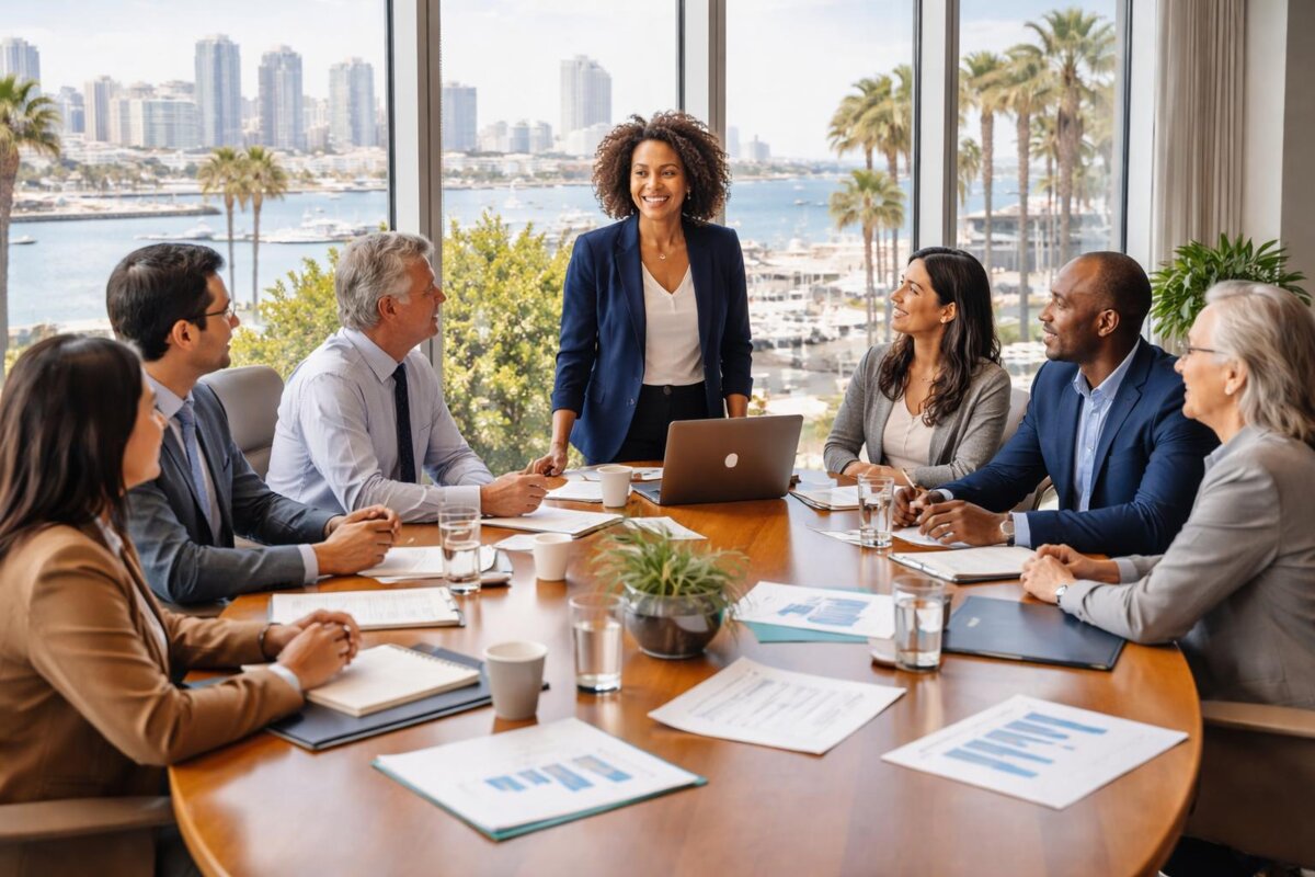 Nonprofit board meeting reviewing financial reports