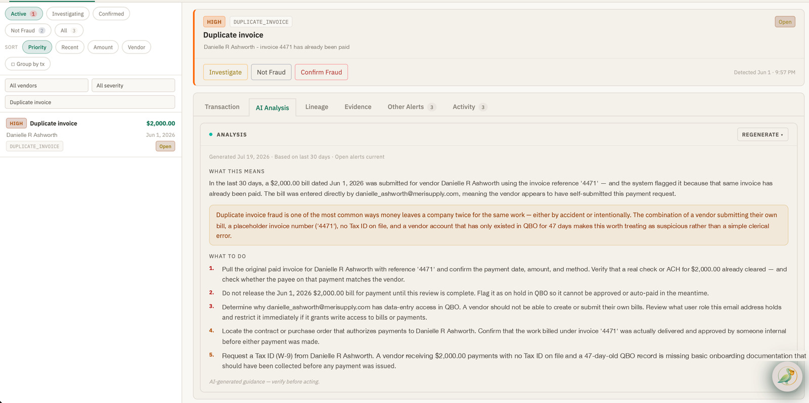 Probity AI analysis of a duplicate invoice alert, explaining what it means and what to do next