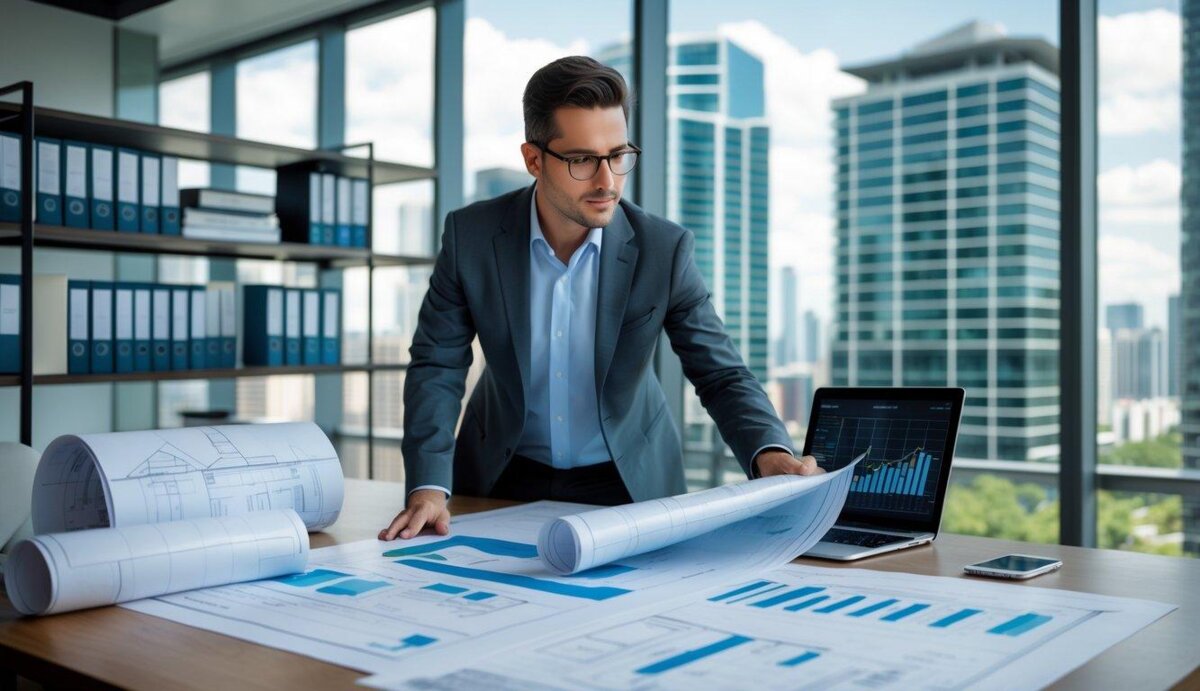 Property manager reviewing financial reports and building plans