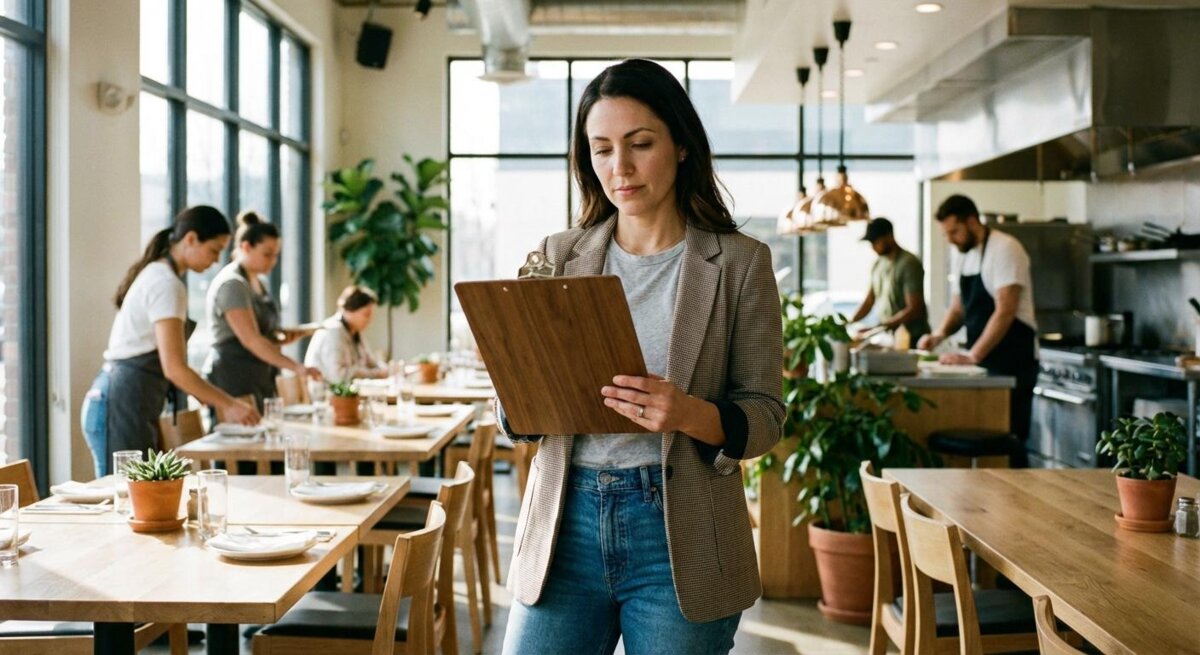 Restaurant manager reviewing operations on the floor
